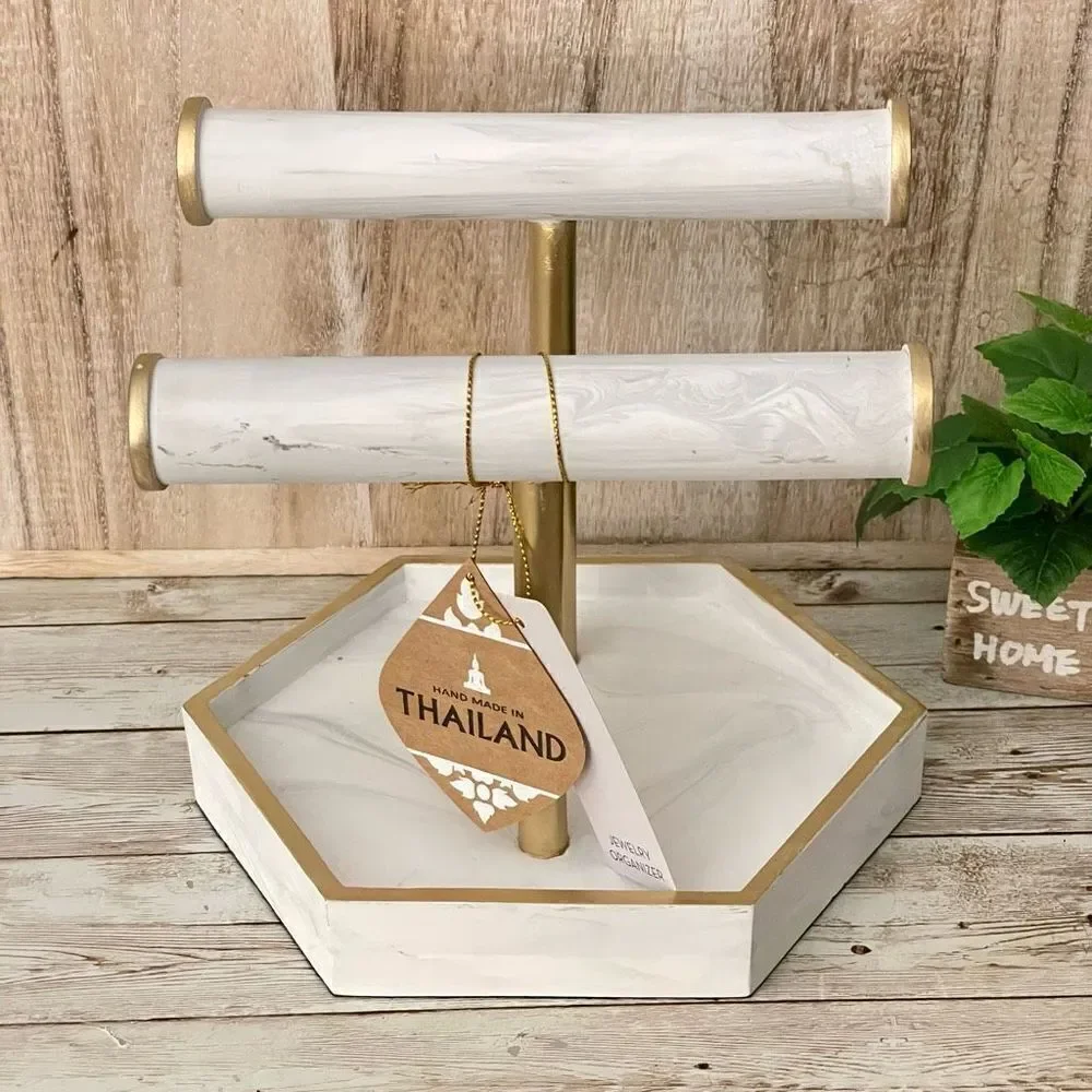 NWT Made in Thailand Marble like jewelry holder Organizer with 2 rods & Tray